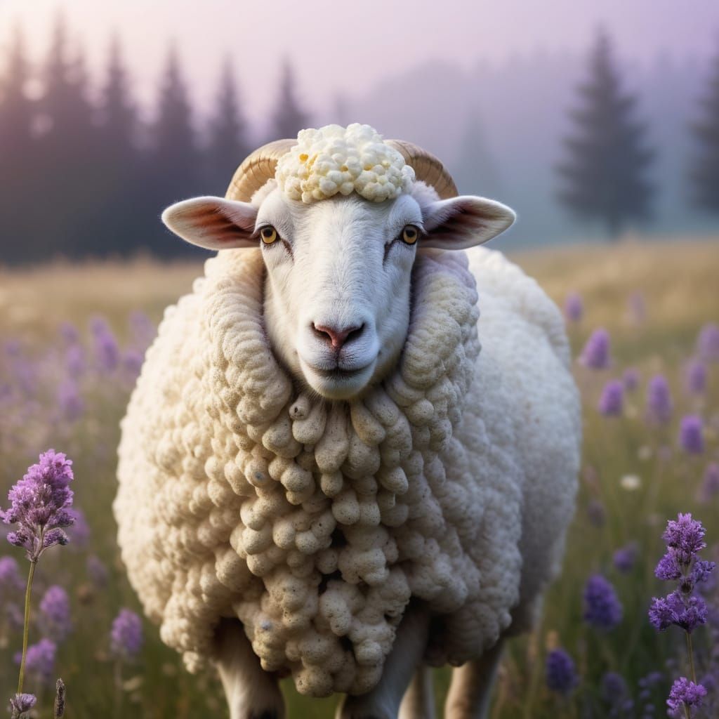 Popcorn Fleece Sheep in Misty Meadow: Splash Art