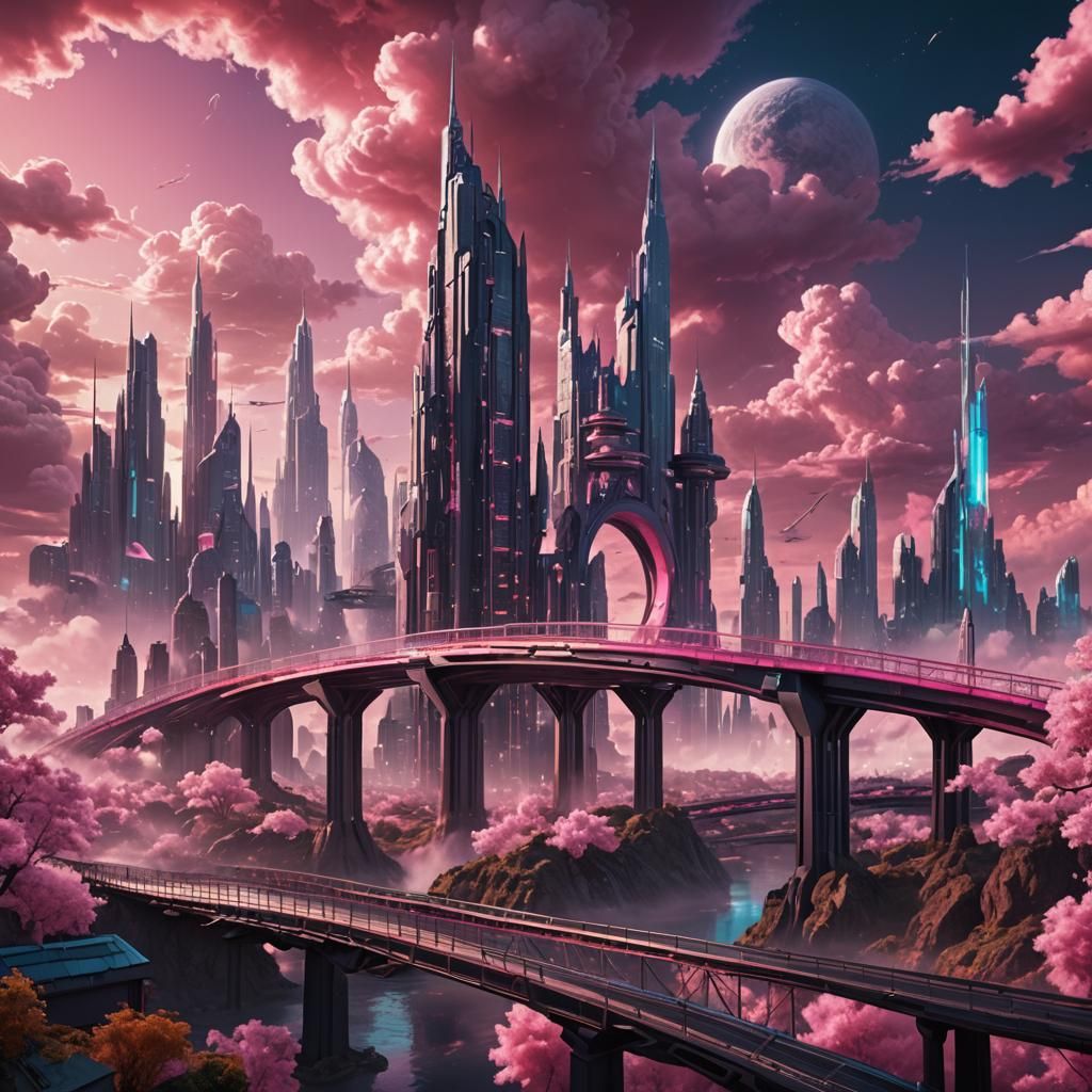 Bridge Between Worlds: Pink Clouds and Futuristic City