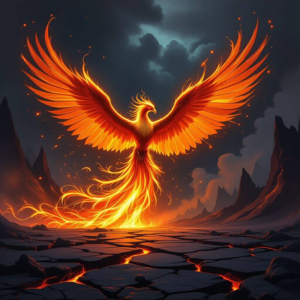 Molten Gold Phoenix Rises From Obsidian