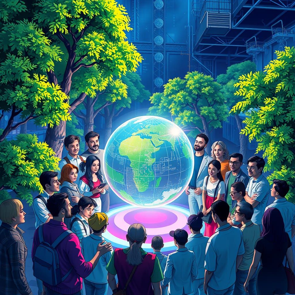 Sustainable Crypto Market with Holographic Globe in Neon Sty...