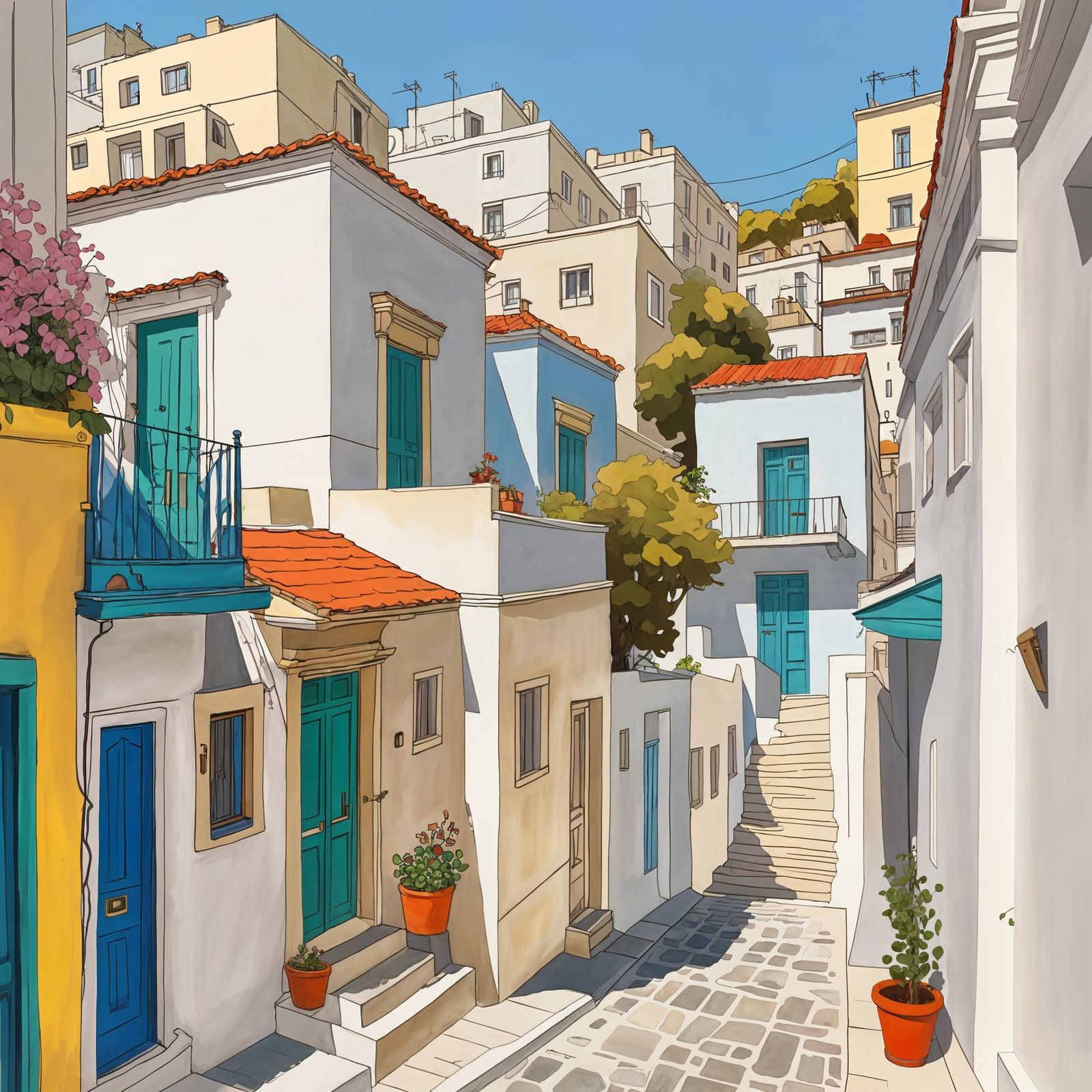 Colourful Plaka House Between White Buildings