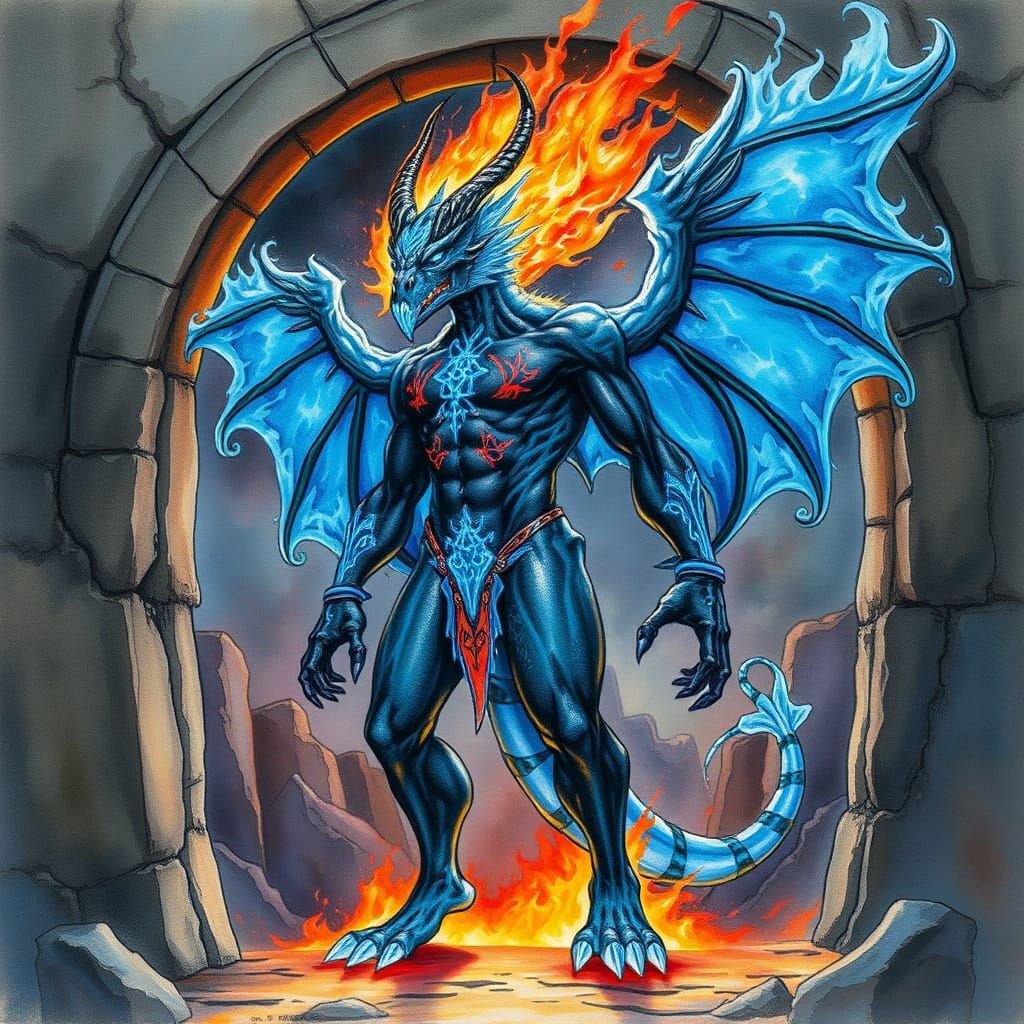 Fire Elemental Guardian in Watercolor Candy Art