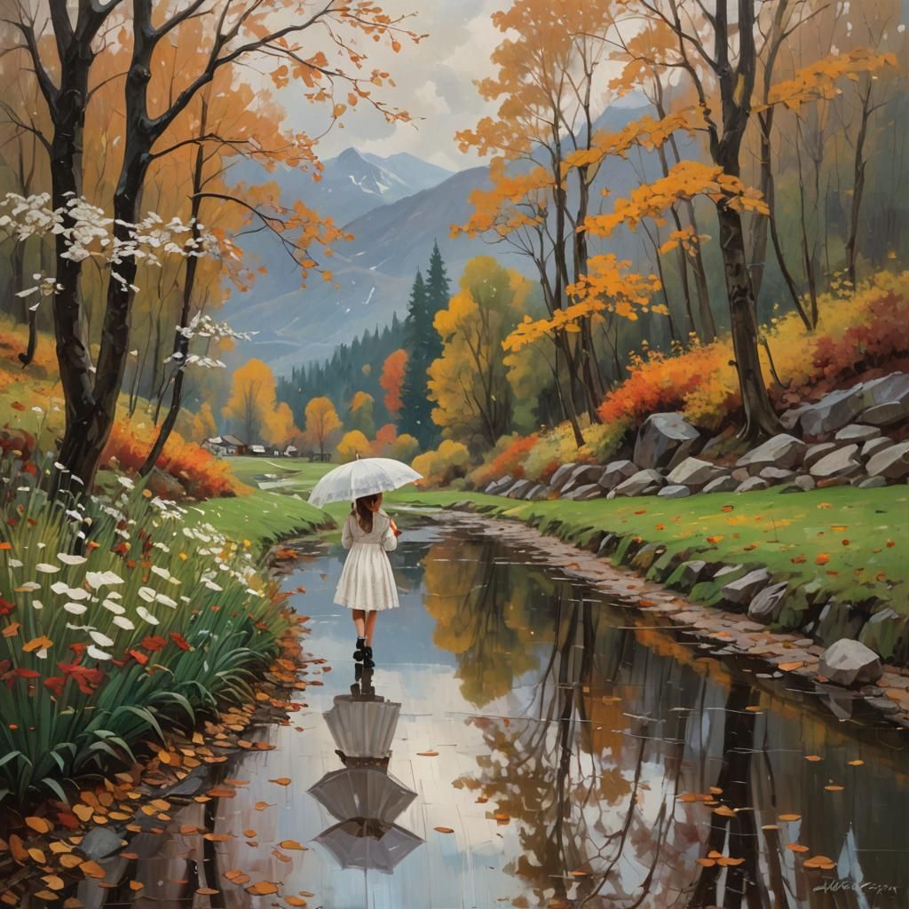 Rainy Day Garden Scene as Oil Painting