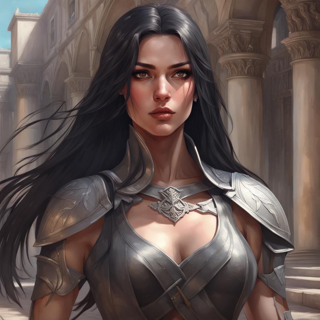 Female Warrior in Courtyard: Hyperdetailed Digital Portrait