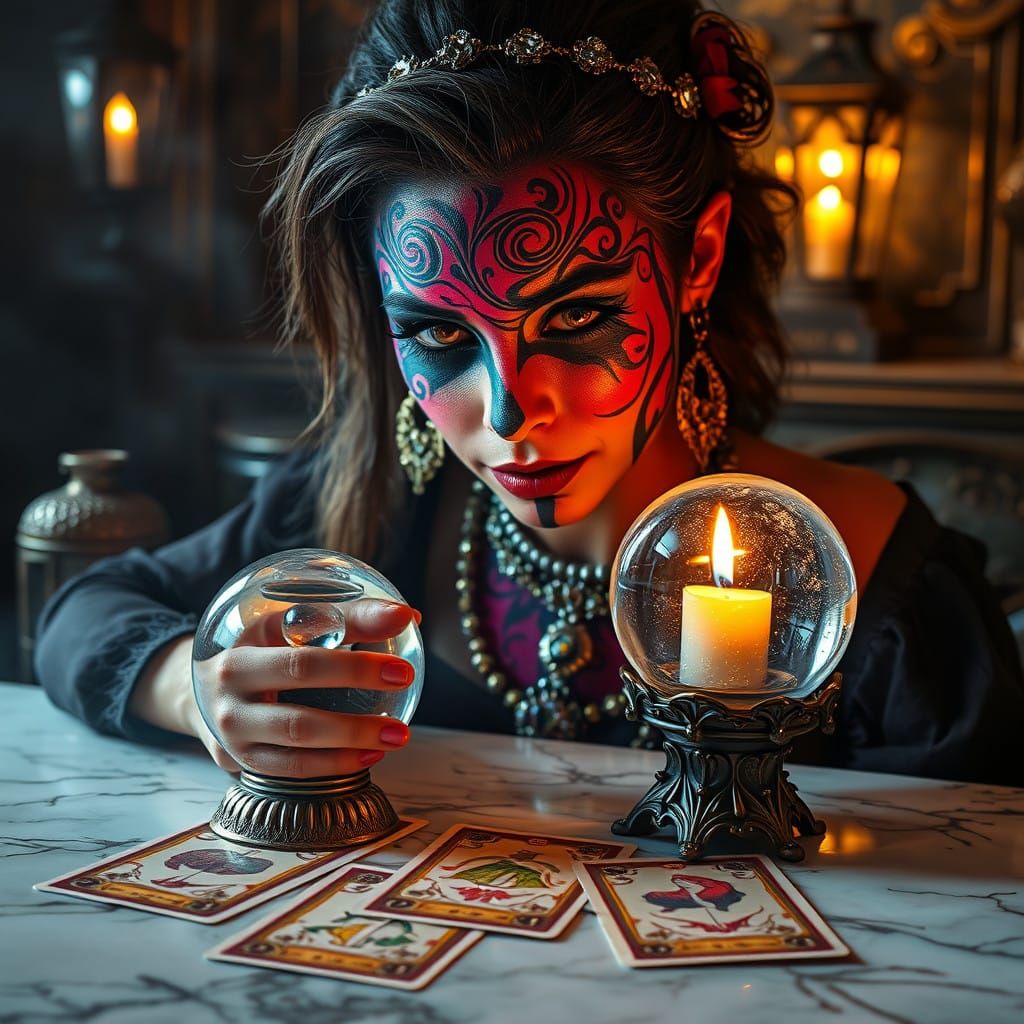 Fortune teller wearing colorful face paint 🔮