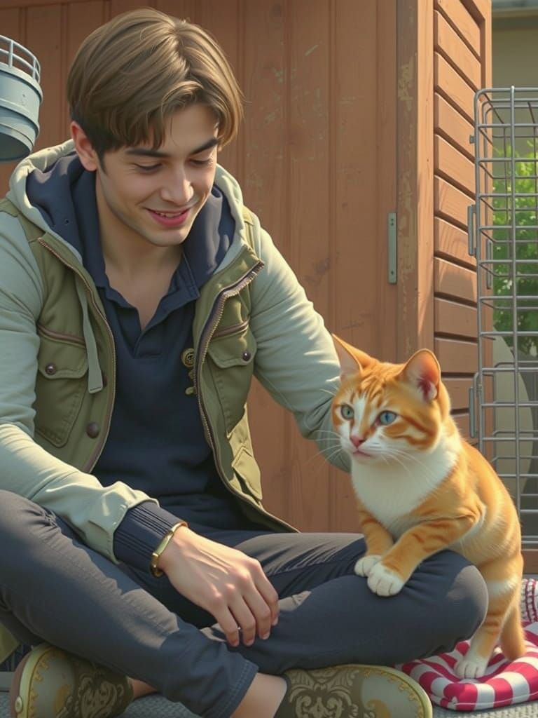 Young Man Pets Cat in Shelter, Professional Photography