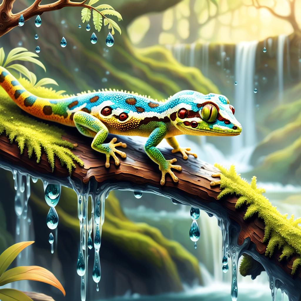 Gecko Overlooking Waterfall in Realistic Digital Art