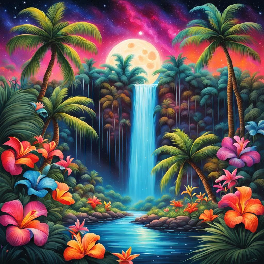 Tropical Waterfall at Night in Graffiti Art Style