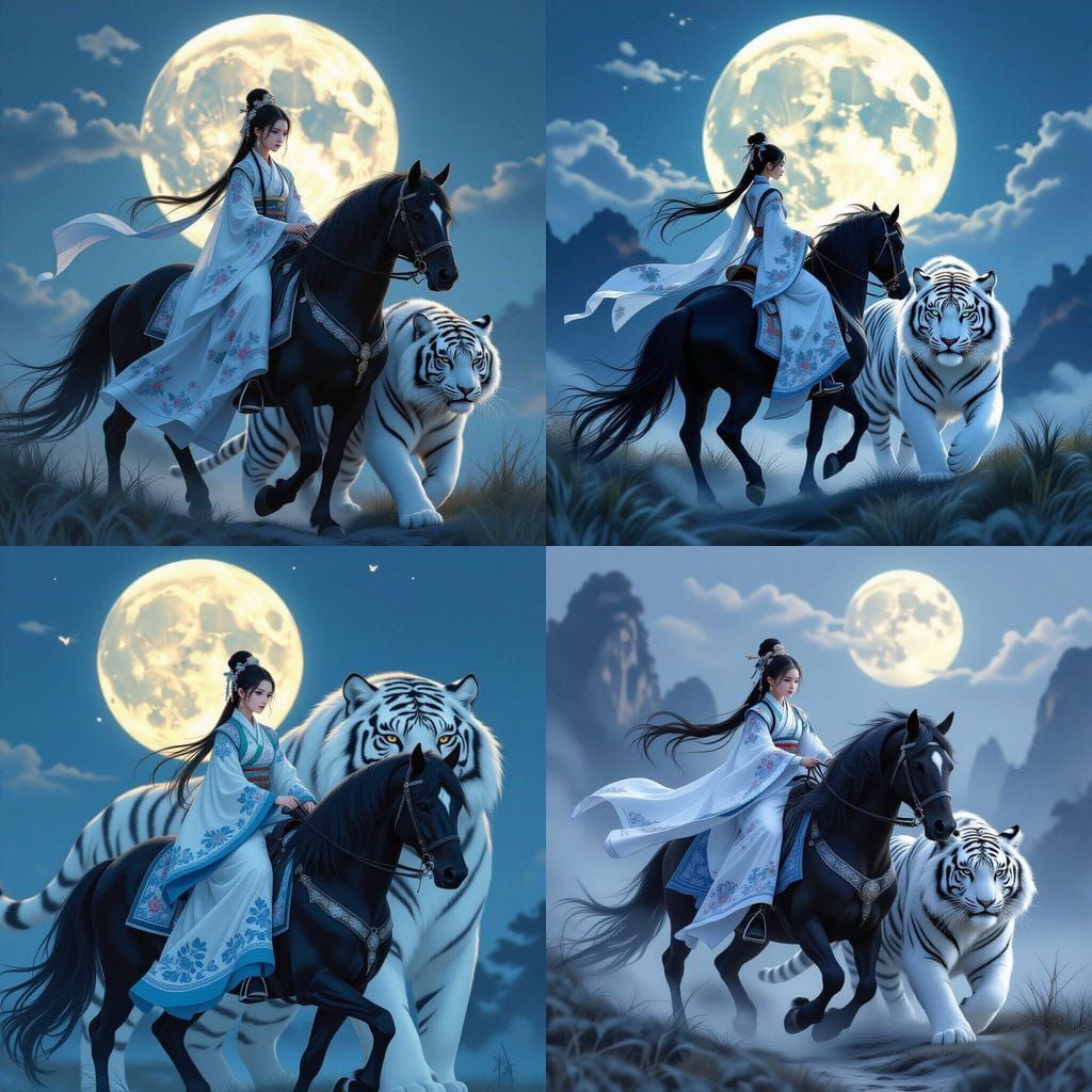 Girl in Hanfu on Stallion with White Tiger