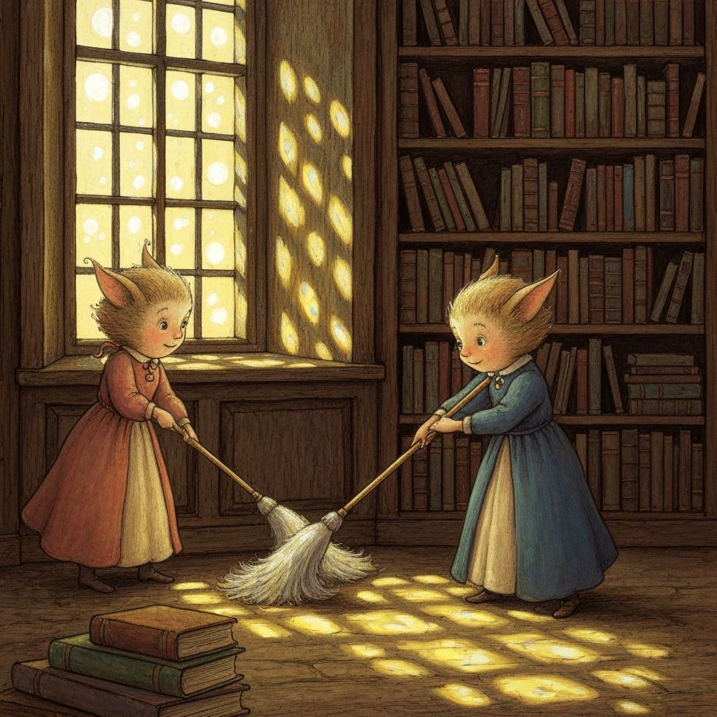 Magical Dusters in Moonlit Ancient Library