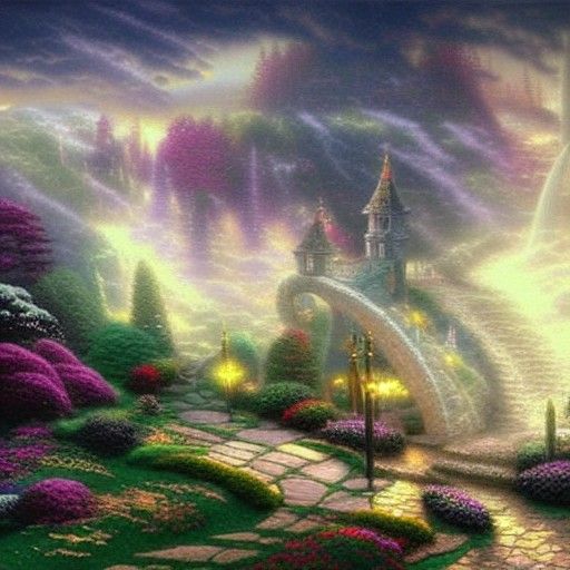 Ethereal Rings of Power in a Kinkade Style
