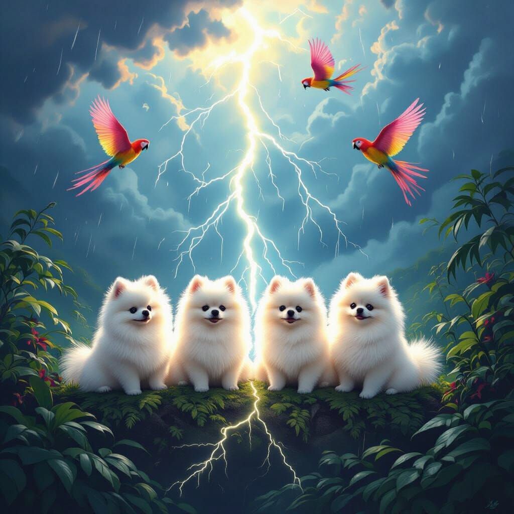 Pomeranians on Lightning Bolt in Jungle Storm
