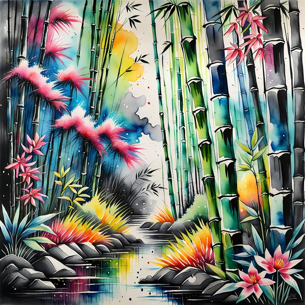 Vibrant Watercolor Bamboo with Glitter and Neon