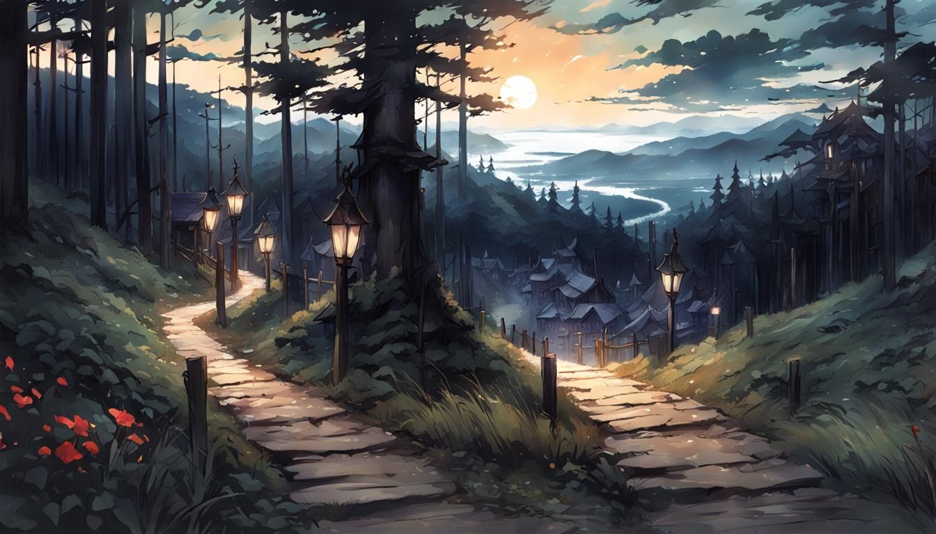 Magical Dark Fantasy Town in Anime Style