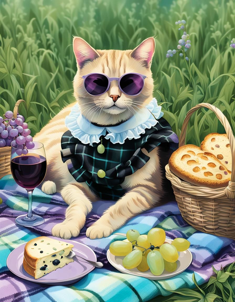 Cat Picnic in Mystical Meadow: Ethereal Fantasy Art