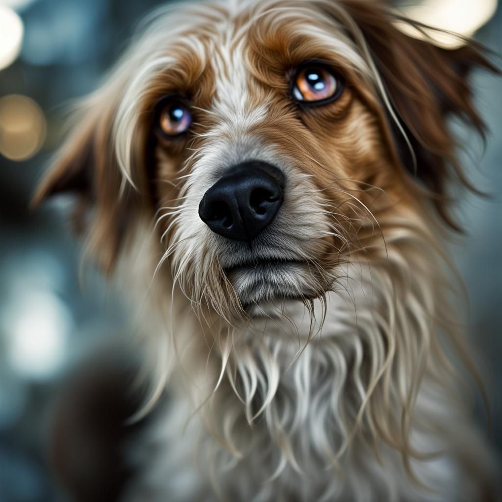 Scraggly, sad little mutt dog, forlorn, epic, detailed soulful pleading eyes, cinematic