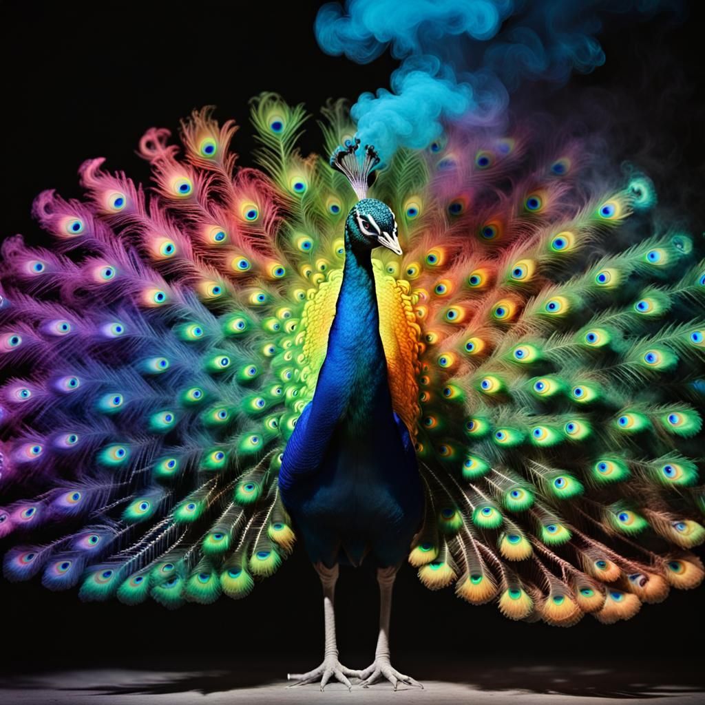 Fluorescent Rainbow Peacock Emerges from Smoke