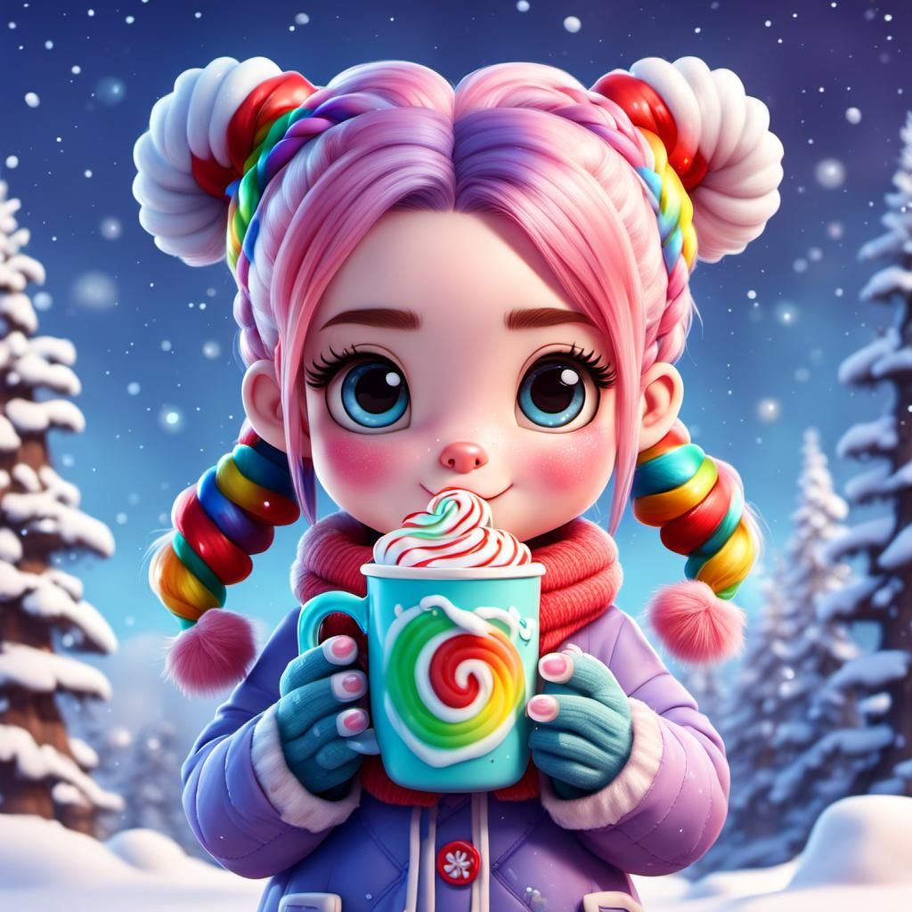 Disney Pixar style 3D adorable girl with rainbow pigtails drinking hot chocolate with candy canes, kawaii chibi, in a wi...