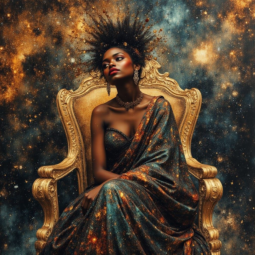 African Goddess in Cosmic Throne Oil Painting