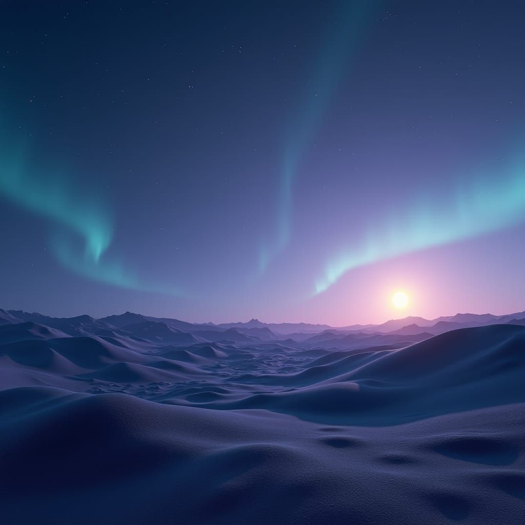 Exoplanet Landscape with Bluish-Violet Sky and Aurora