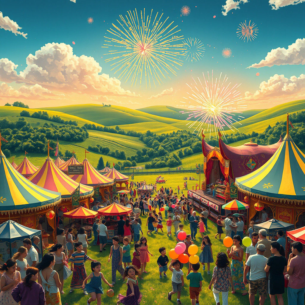 Lush Festival Scene in Dreamlike Illustration Style