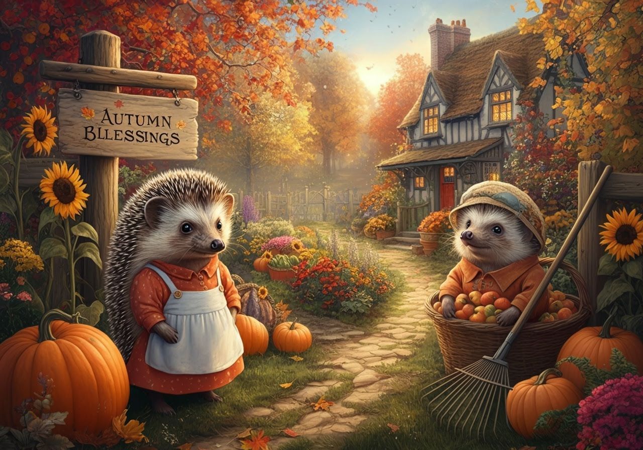 Cute Autumn Garden With Beatrix Potter Animals