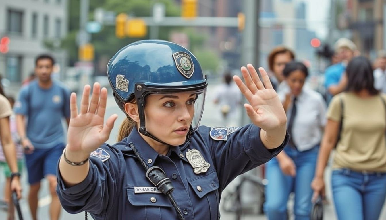 Hyperrealistic Boston Traffic Officer Directing Commute