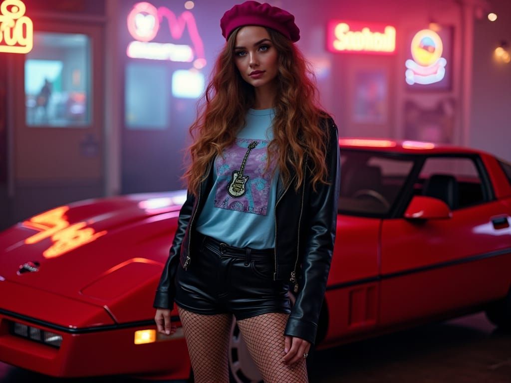 Sultry Brunette Rocker in Neon Nightclub