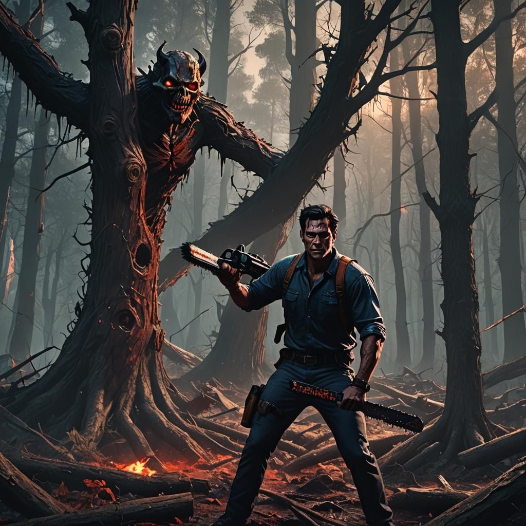 Ash Williams Battles Demon in Haunted Forest