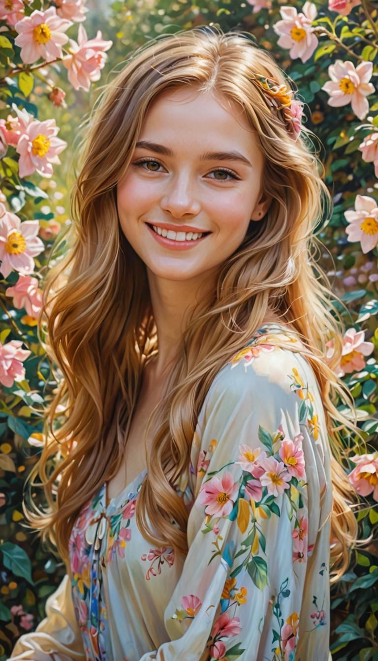 Beautiful Girl Smiling in a Sunlit Garden as Oil Painting