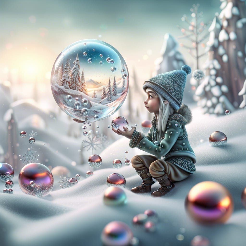 Elves Blowing Bubbles in Snowy Fantasy World