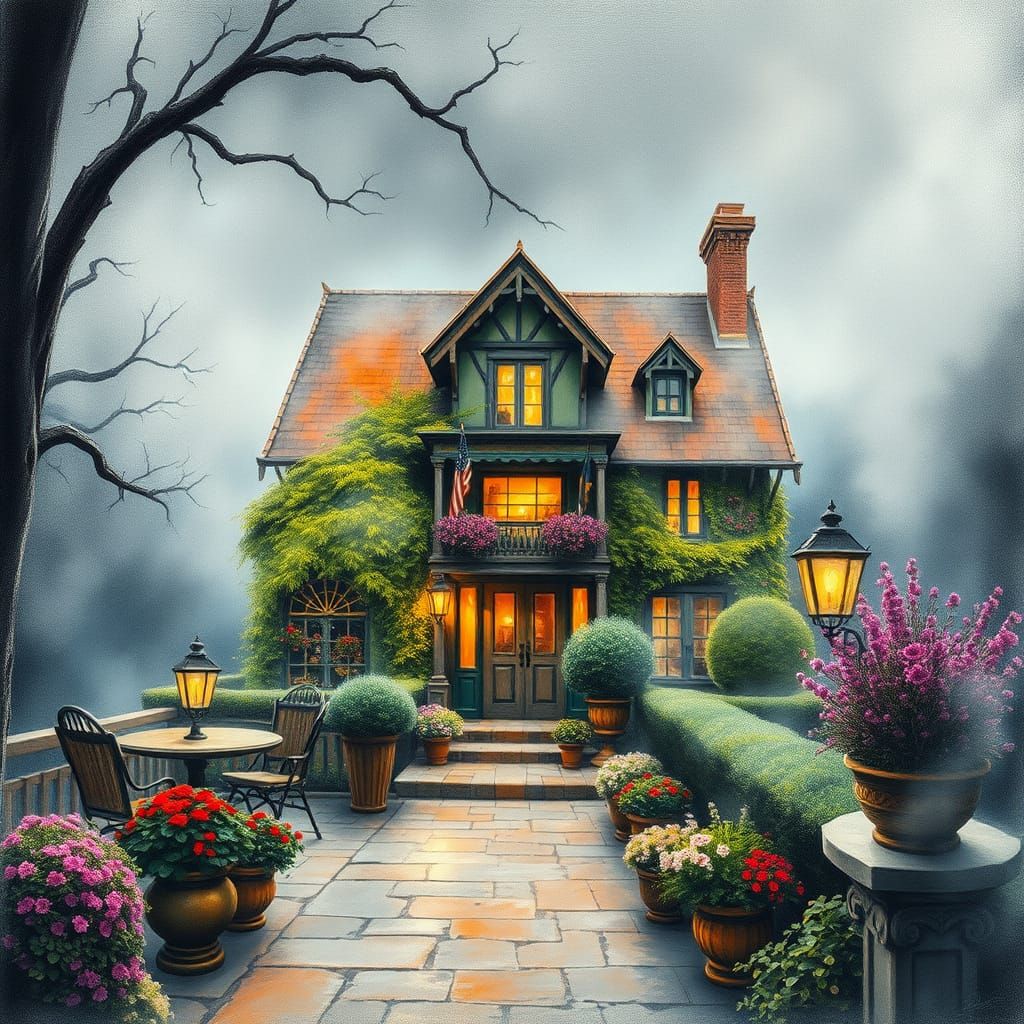 Misty Terrace: Ethereal Charcoal Fantasy in Gouache Style