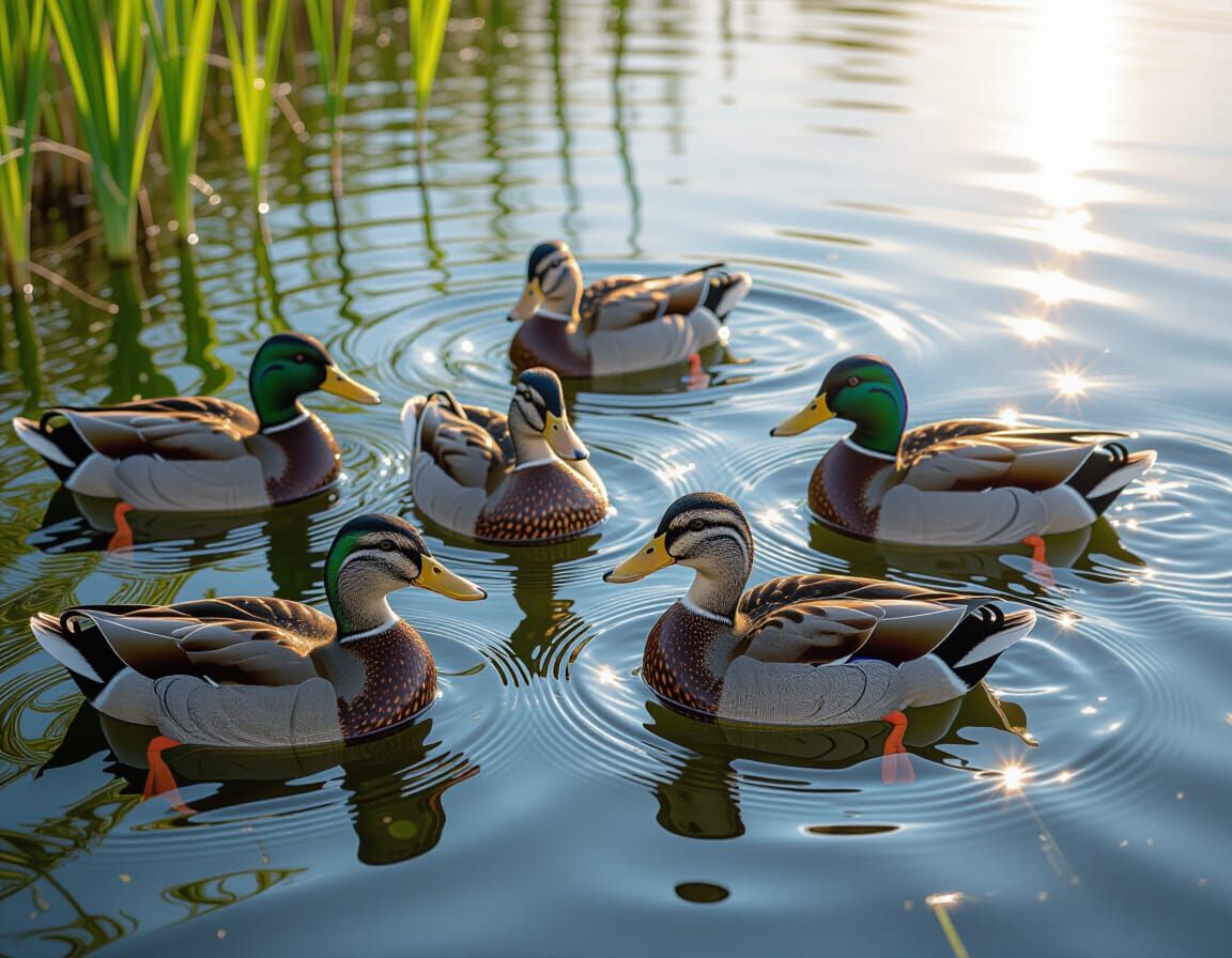 Ducks Play in Sunlit Pond, Photorealistic Nature Scene
