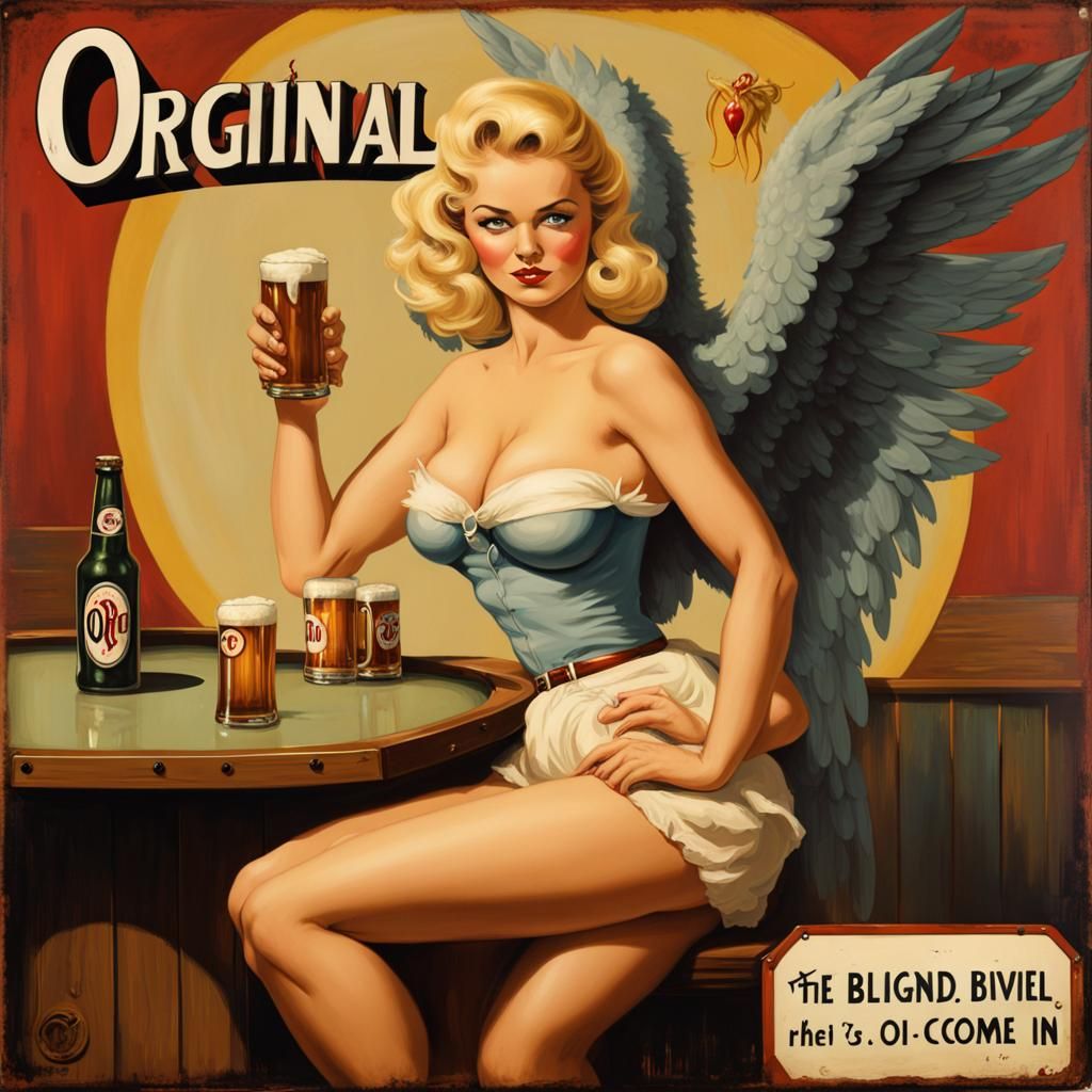 Retro Tavern Sign with Pin-Up Girl in Detailed Painting