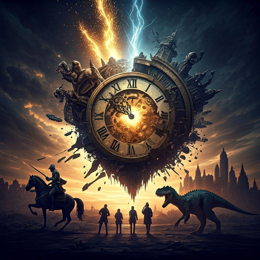 Shattered Cosmic Clock: A Surreal Battle Through Time