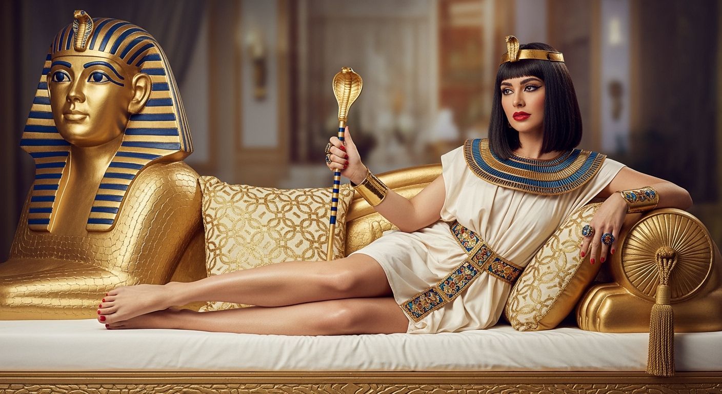 Egyptian Queen Lounging Seductively in Lavish Gold Setting