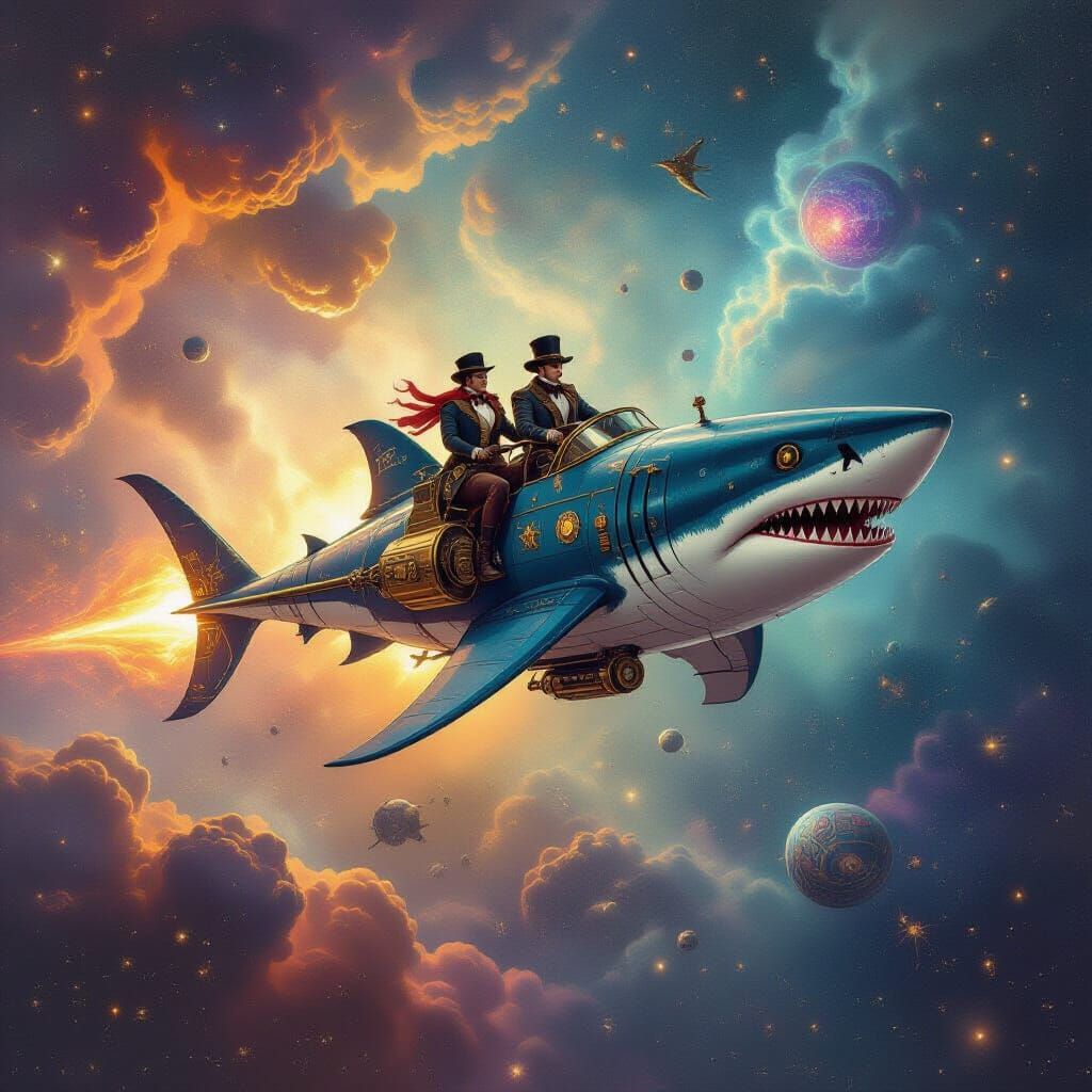 Steampunk Starship Soaring Through a Nebula