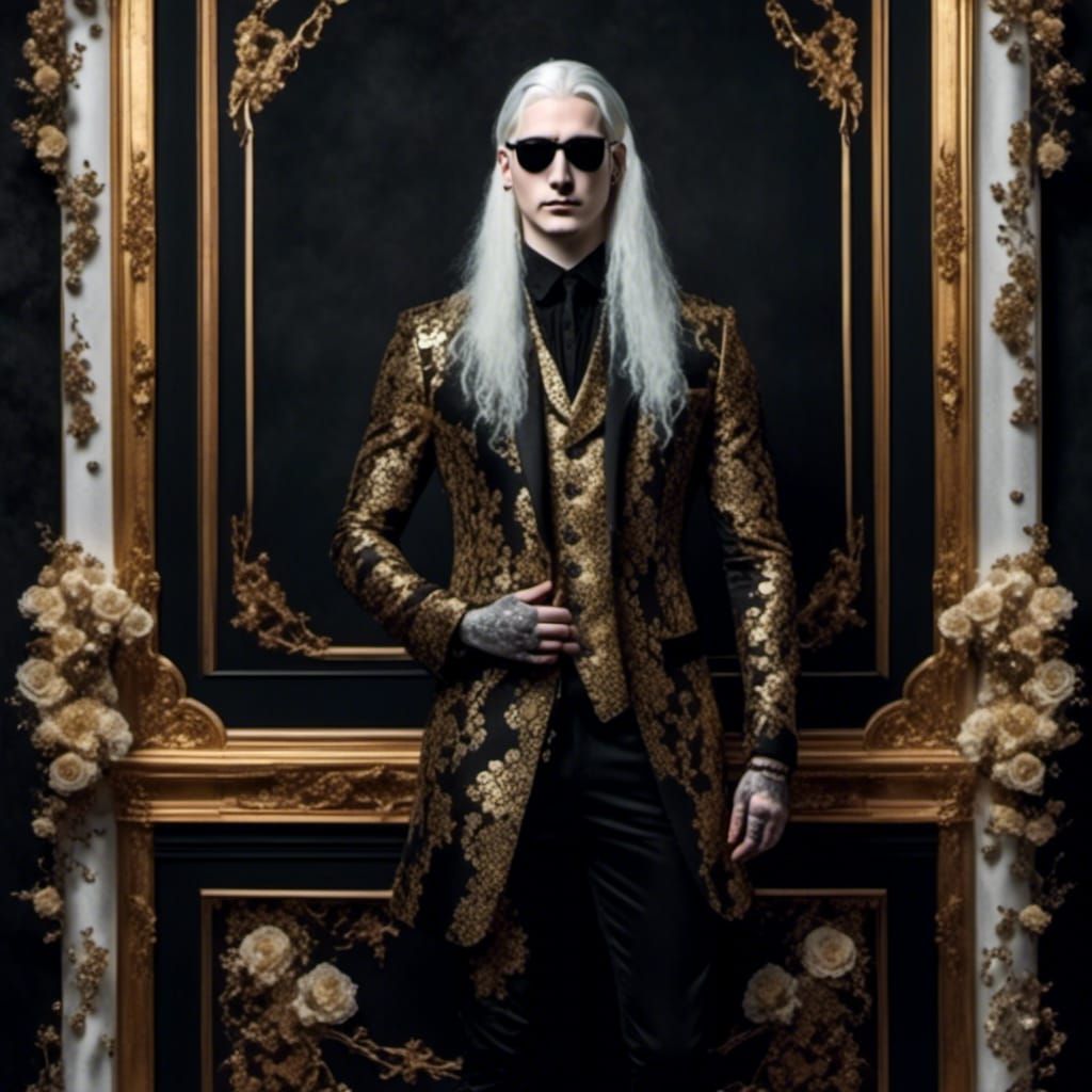 Handsome Man in Gold Suite in Gothic Mansion