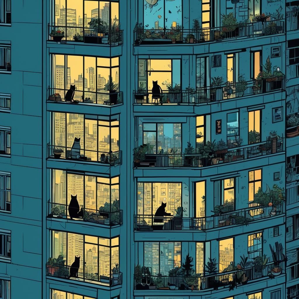 City Life Apartment Windows, Cat Watching the World Go By in...