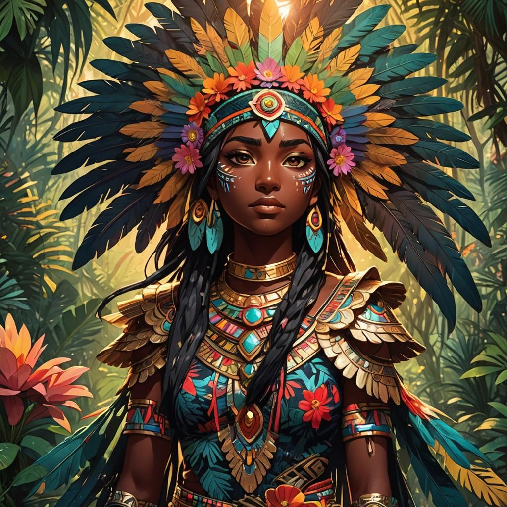 Aztec Anime Girl in Mystical Jungle, Studio Trigger Style