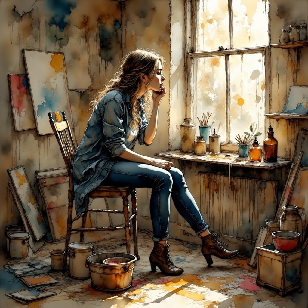 Introspective Artist in Cozy Studio