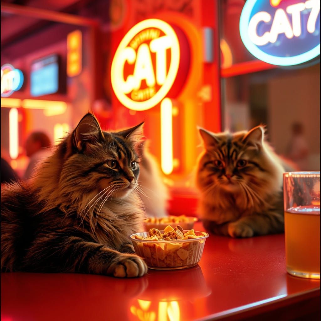 Whiskered Felines Enjoying Neon Cat Café Feast in Vintage Ae...