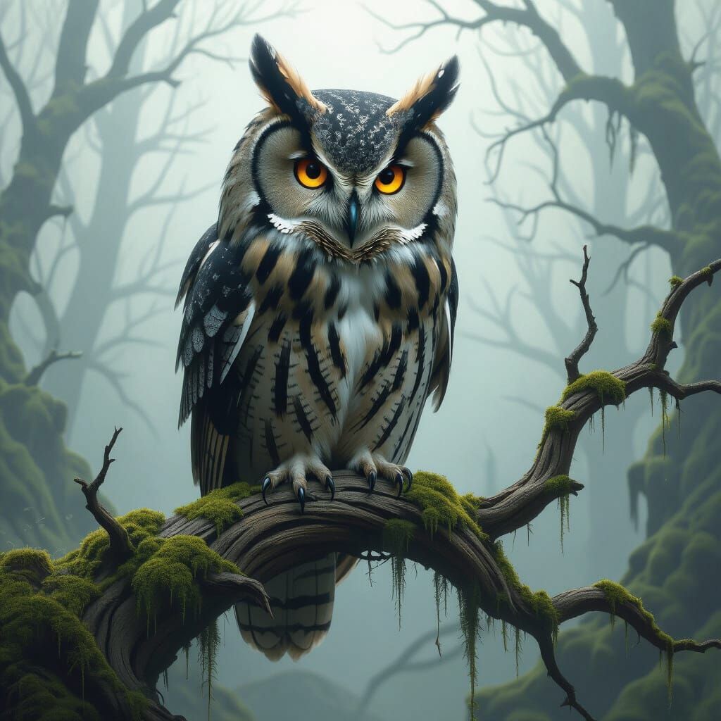 Ancient Owl With Glowing Eyes in Misty Forest