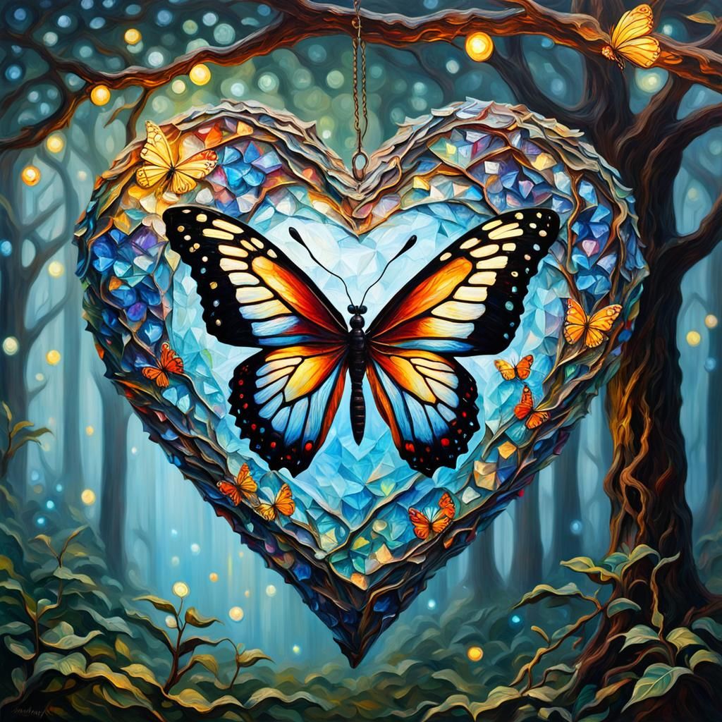 Crystal Heart with Butterfly: Expressionist Oil Painting