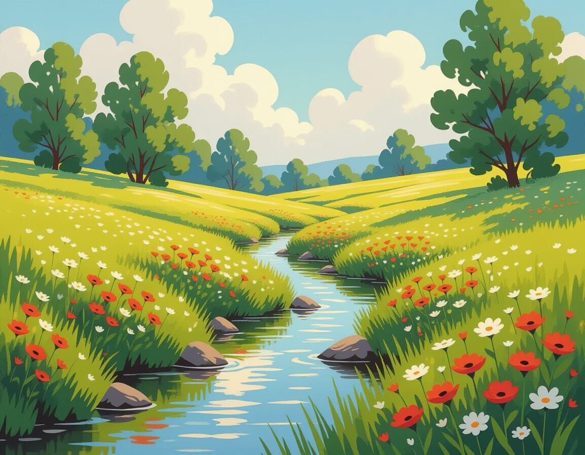 Pastoral Meadow Scene in Whimsical Digital Painting Style