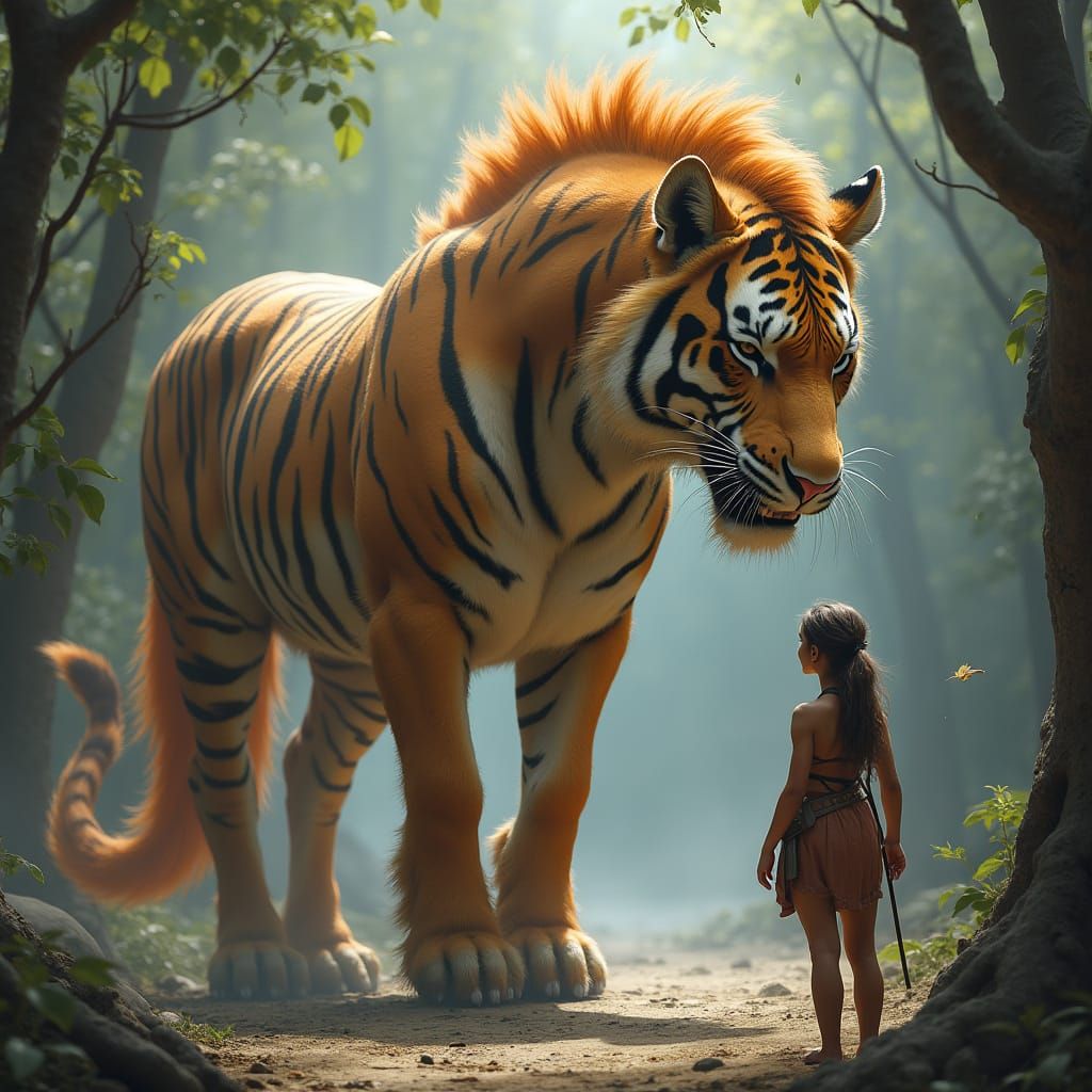 Fantasy Cavewoman Contemplates a Majestic Hybrid Beast