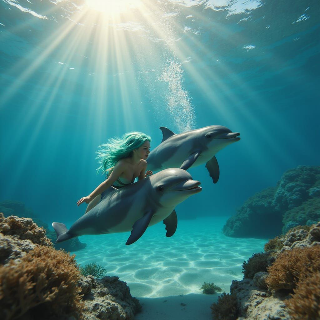 Surreal Tropical Aquatic Scene with Beast Master and Dolphin...