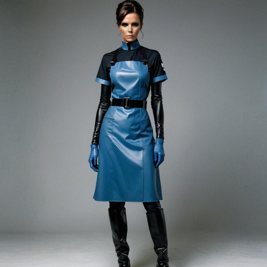 Young Nurse Victoria Beckham in Cyberpunk Rubberized Blue Un...