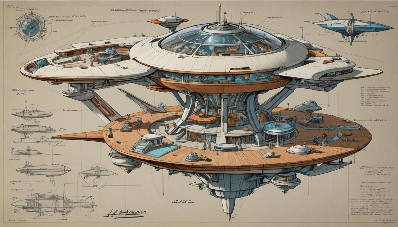 space age spaceport complex, on a single slender pier, small...