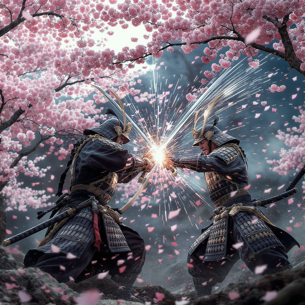 Samurai Duel Under Cherry Blossoms: Hyperrealistic Action